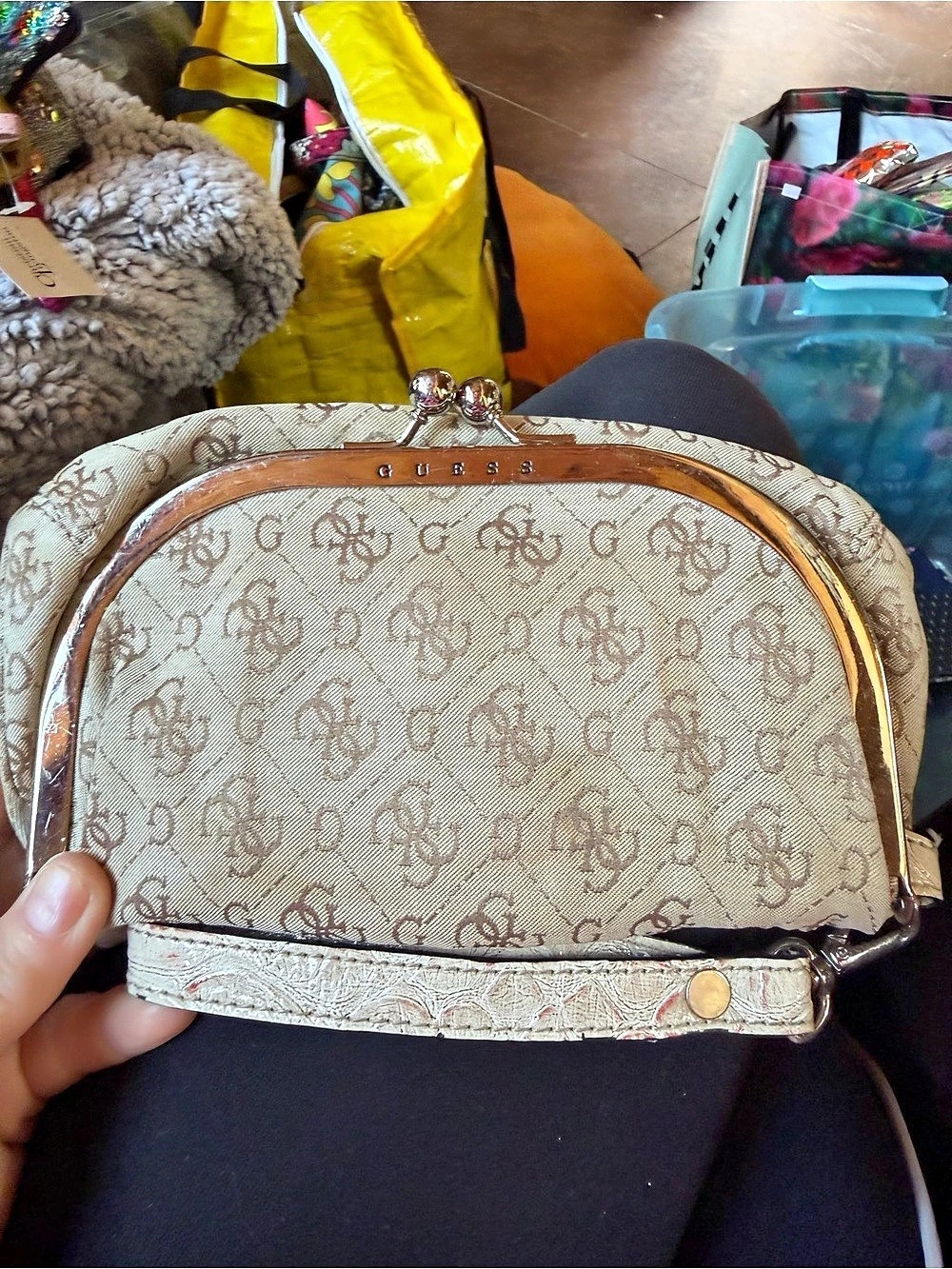 Guess Framed Cosmetic Clutch in Brown & Pink